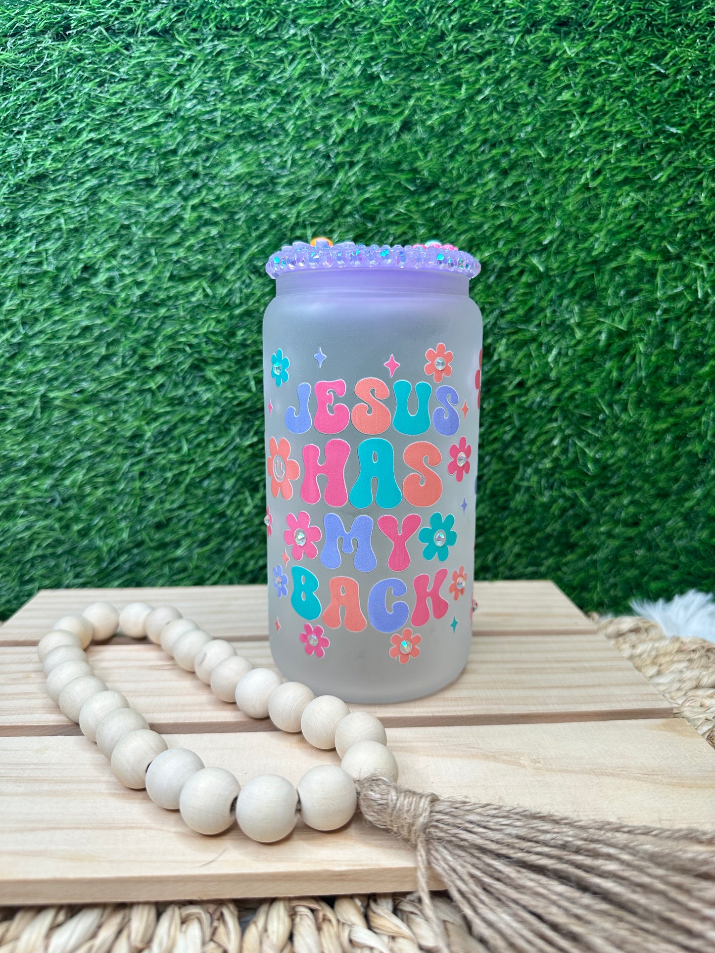 Glass Can 16 oz/  Jesus Has My Back