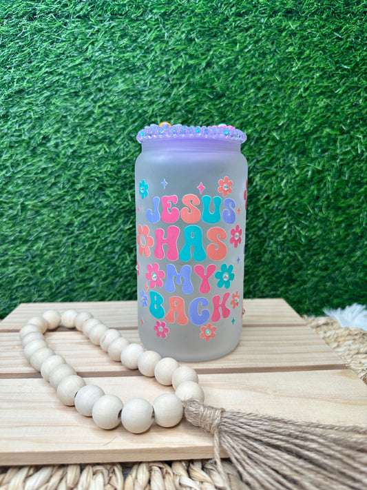 Glass Can 16 oz/  Jesus Has My Back