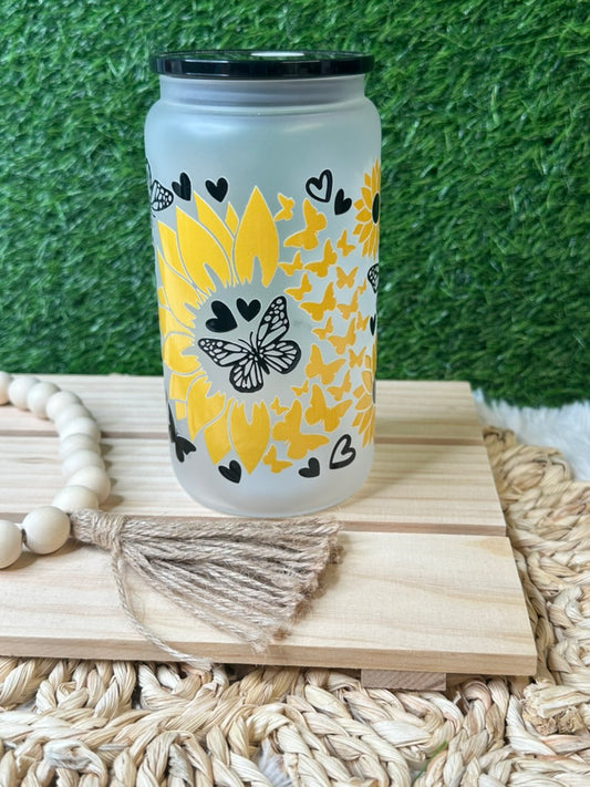 Glass can/ Sunflower and Butterflies